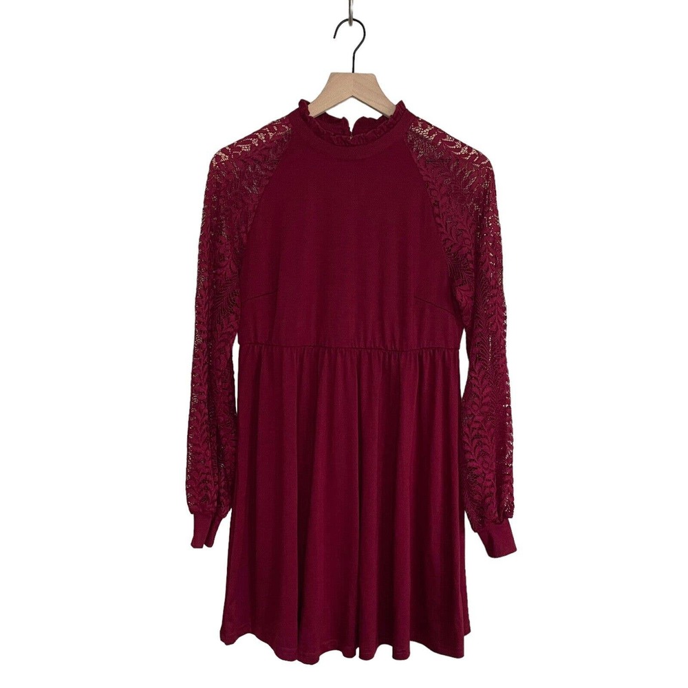 EXLURA Women’s Lace Sleeve Mini Dress Ruffle High Neck Dress Flowy Wedding Guest